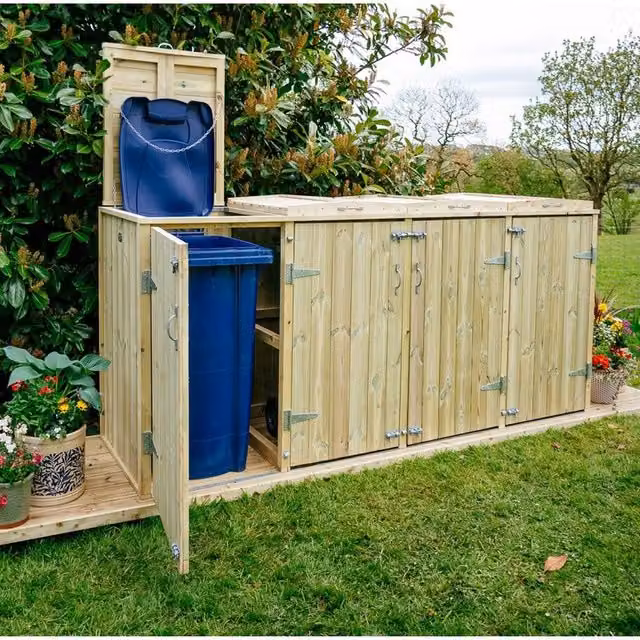 Buttercup Farm Shireburn Quad Wheelie Bin Store in Brown Timber and Galvanised Steel, Fits 4 x 140L Bins, W/D/H: 239 x 120 x 120 cm – 1