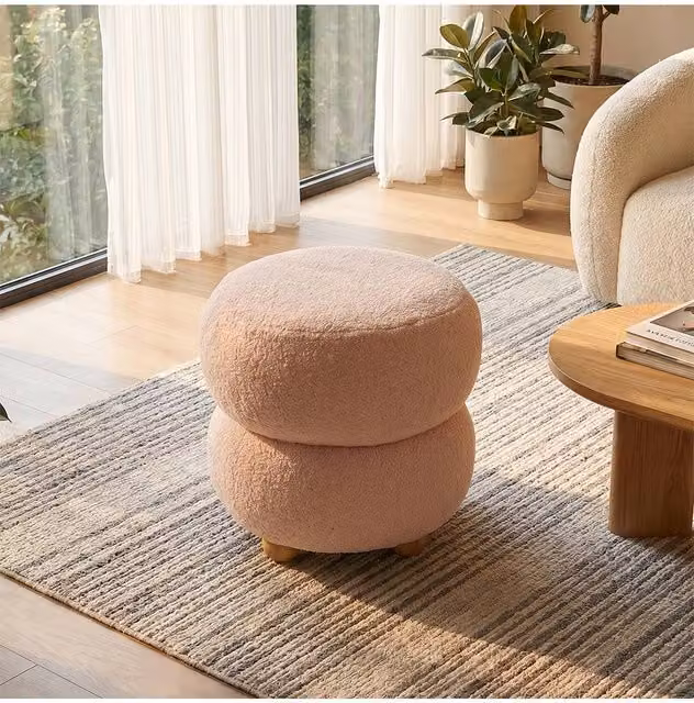 Living and Home Round Teddy Fleece Upholstered Footstool in Pink