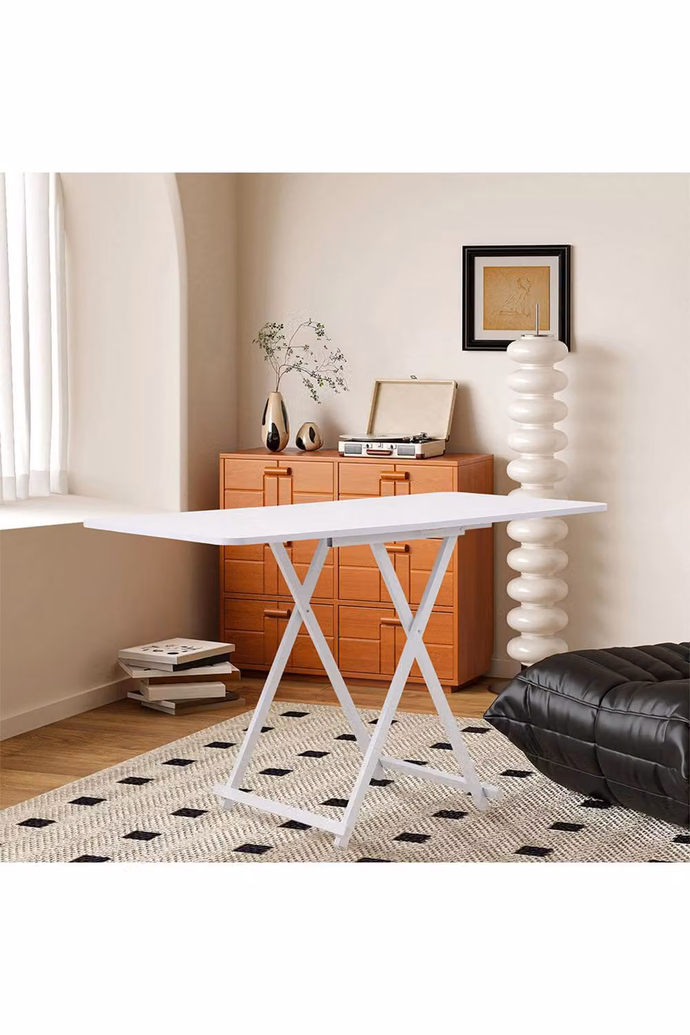 Living and Home Modern Rectangular Foldable Dining Table in White with Metal X-Frame – 2