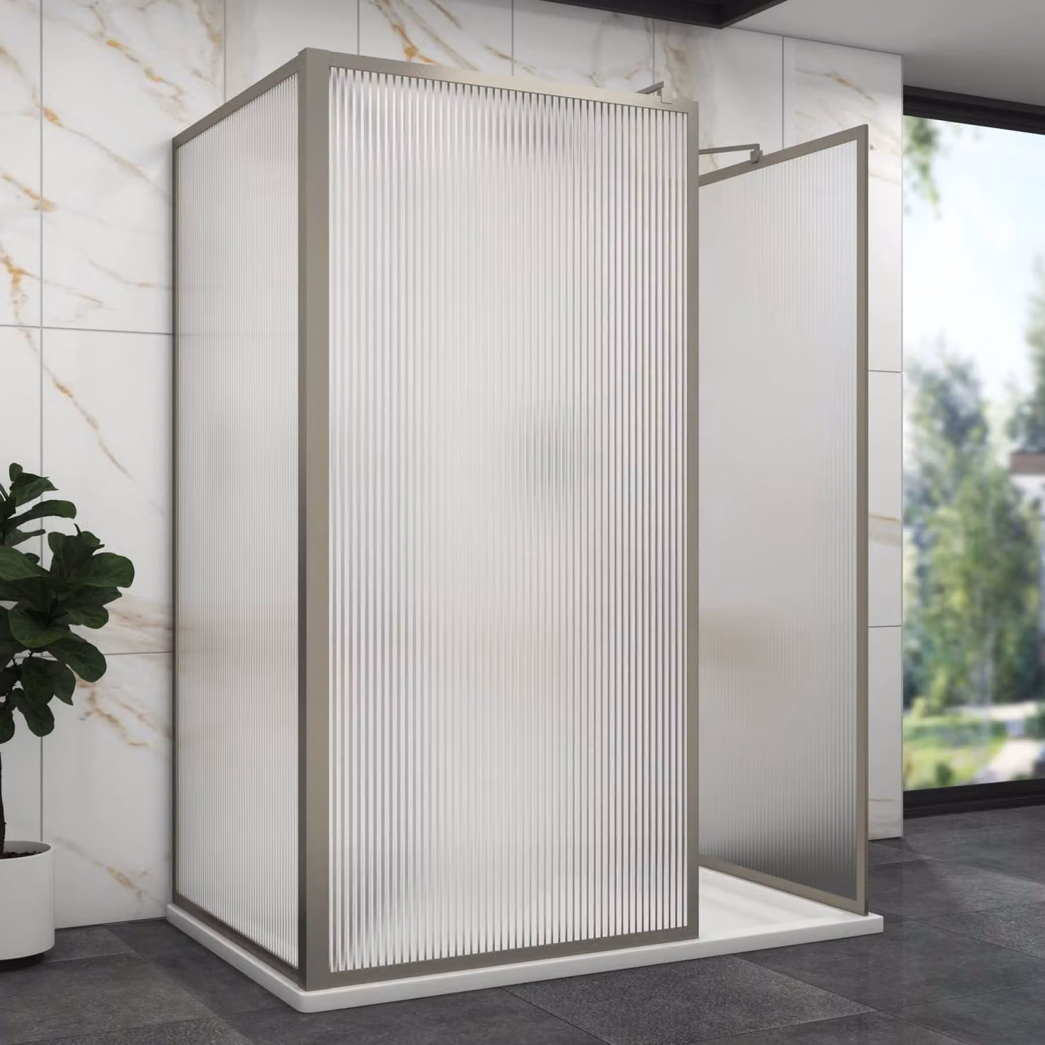 Luxor 3 Sided Walk In Fluted Shower Enclosure with Acrylic Tray and Gun Metal Grey Frame, W/D: 120 x 70 cm, 8mm Easy Clean Glass
