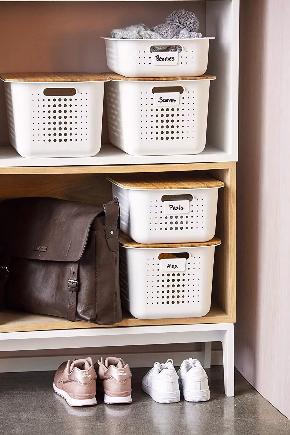 SmartStore White Stackable Baskets with Bamboo Lids, Pack of 2 – 4