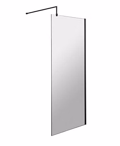 nuie WRSCBP076 Modern Single Panel Wetroom Screen with Support Bar, 8mm Toughened Safety Glass, Clear, Matt Black, W: 760 mm