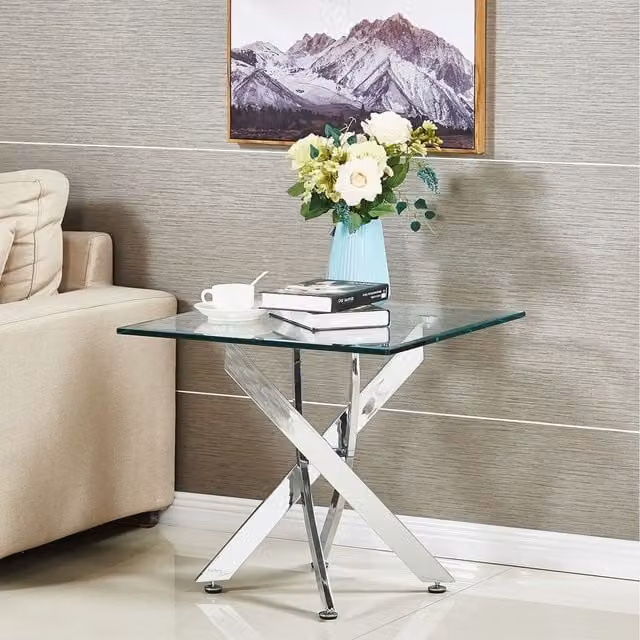 Amara Modern Square Glass Side Table with Chrome Metal Legs in Silver