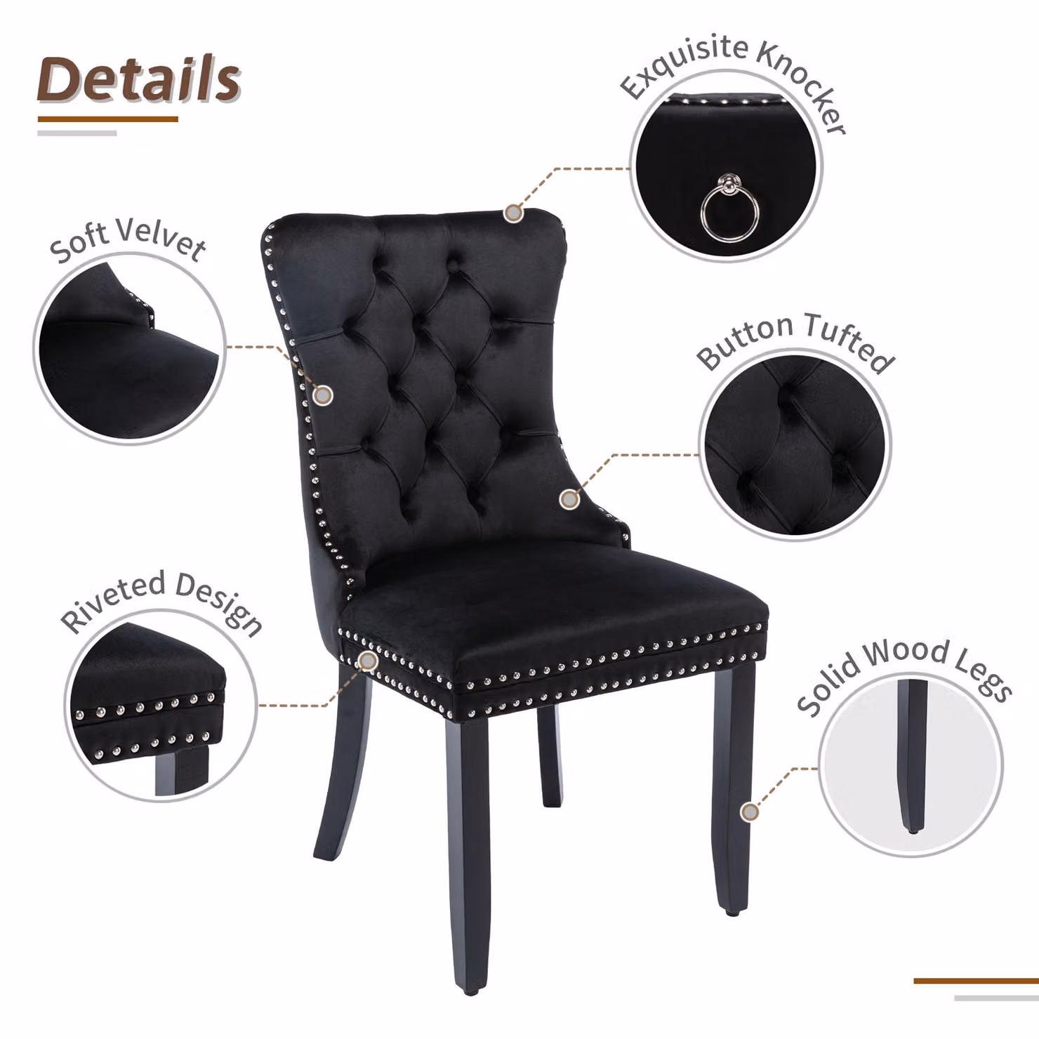 Aosom UK Set of 2 Black Velvet Dining Chairs with Button Tufted Backrest and Solid Rubberwood Legs, W/D/H: 64 x 50 x 96 cm – 4