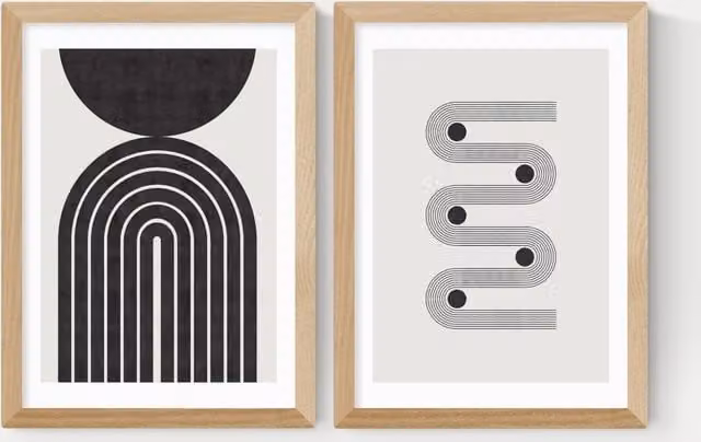 East End Prints Retro Monochrome Abstract Geometric Twin Set Framed Art in Black and White Wood Frame