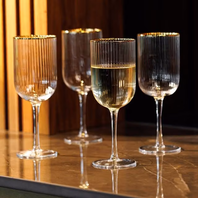 Mikasa Set of 4 Striped Gold Transparent Lead-Free Crystal Wine Glasses, 400 ml each