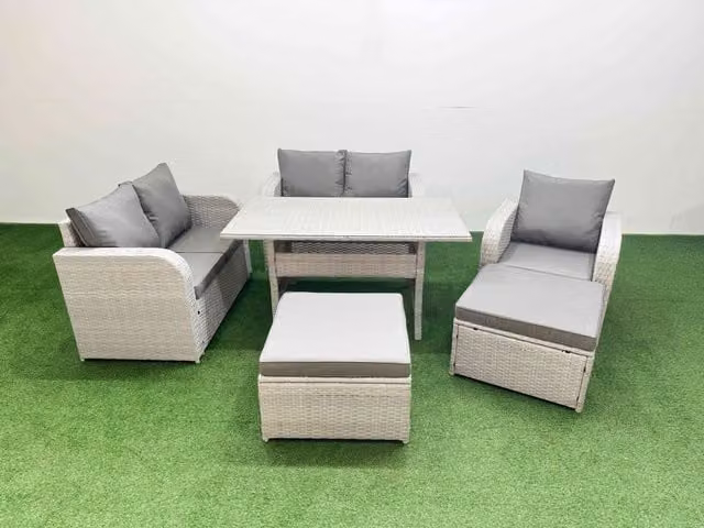 Fimous Grey Poly Rattan Garden Furniture Set with Reclining Chair, Loveseat Sofa, Rectangular Dining Table and 2 Stools