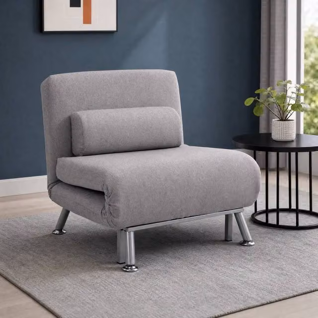 STILVORA Grey Linen Chair Bed with Removable Pillow and Metal Frame