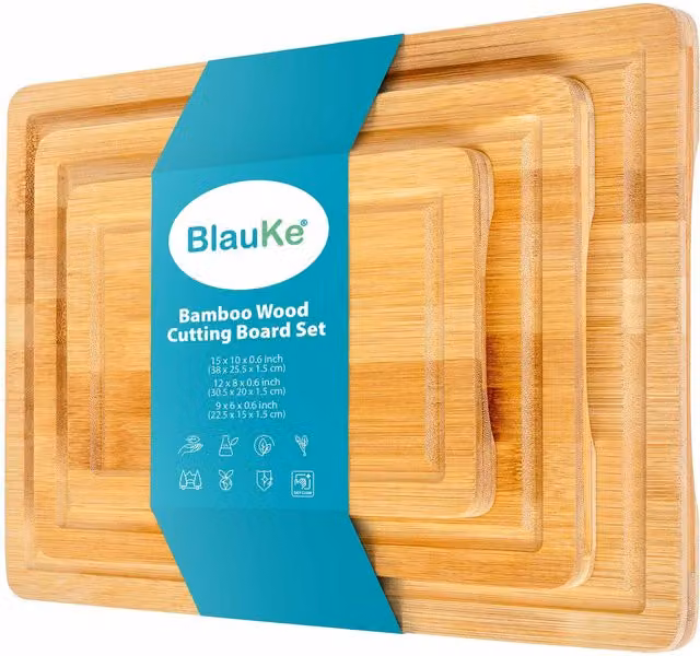 BlauKe Bamboo Wood Cutting Board with Juice Groove and Handle, Beige, W: 38 cm, D: 25.5 cm
