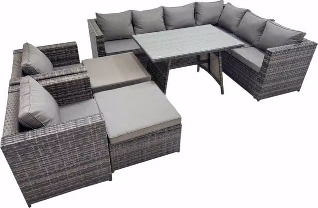 Fimous Rattan Garden Furniture Set with Dining Table and 2 Stools in Dark Grey