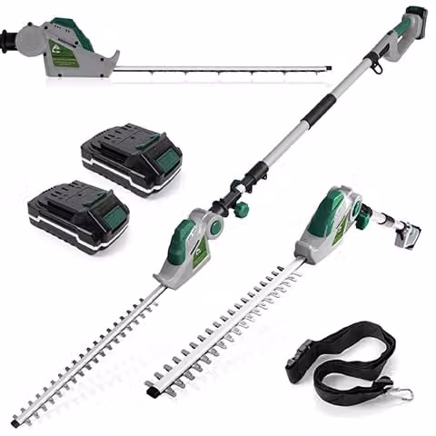 Gracious Gardens 18V Long Reach Cordless Reciprocating Hedge Trimmer in Grey and Green with 2 Rechargeable Batteries and Quick Charger