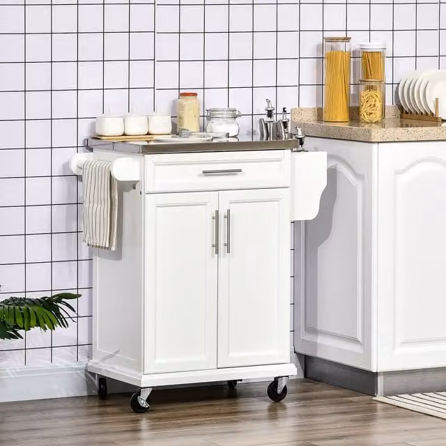 HOMCOM White Kitchen Cart Storage Trolley with Metal Frame, Drawers and Hinged Doors