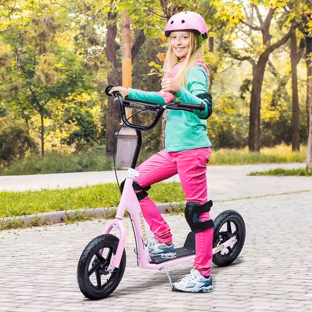 HOMCOM Pink Kids Stunt Push Scooter with Height Adjustment and Brake