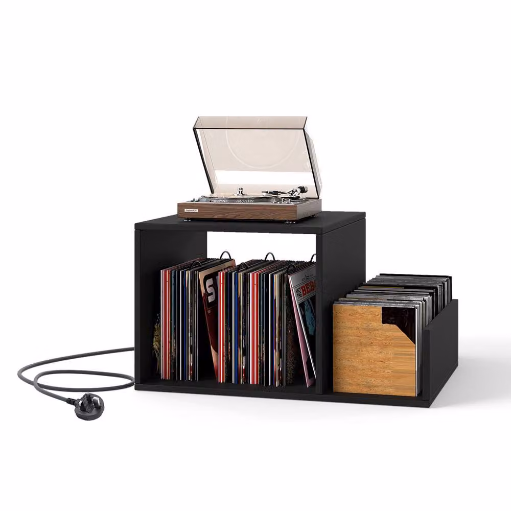 Gymax Modern Metal Turntable Stand with Power Outlet and Display Shelf in Black – 2