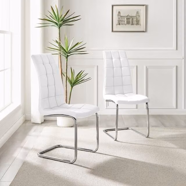 FurnitureboxUK Set of 2 Murano Modern Dining Chairs in White Faux Leather with Silver Chrome Metal Legs