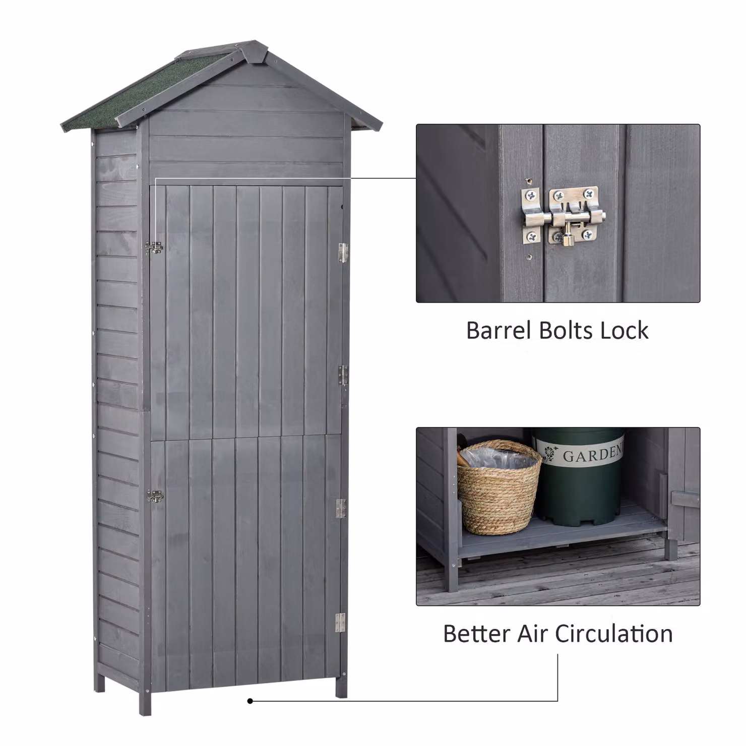 Outsunny Garden Cabinet in Dark Grey with 3 Shelves, Tilted-felt Roof and Two Lockable Doors, W: 79 cm, D: 49 cm – 4