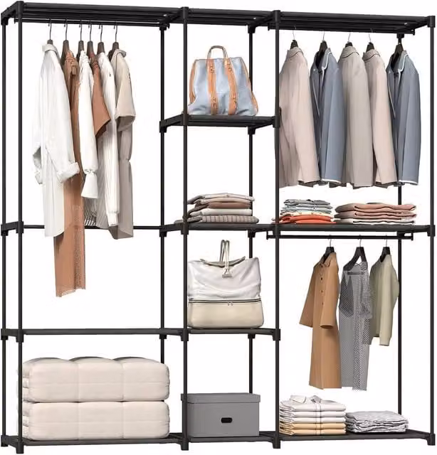 KORVIXA Black Metal Clothes Wardrobe with 8 Shelves, Width: 90 cm – 1