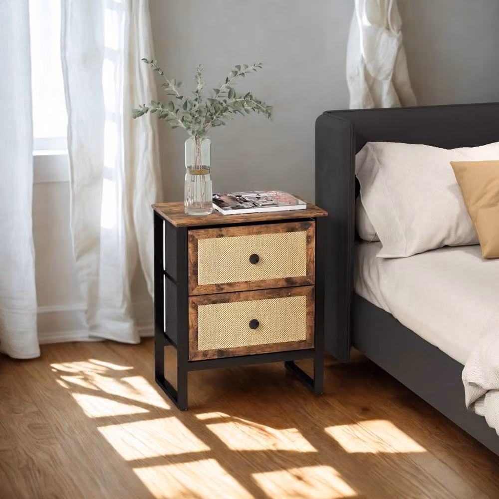 FURNOS Industrial Bedside Table Nightstand with 2 Drawers in Brown – 4