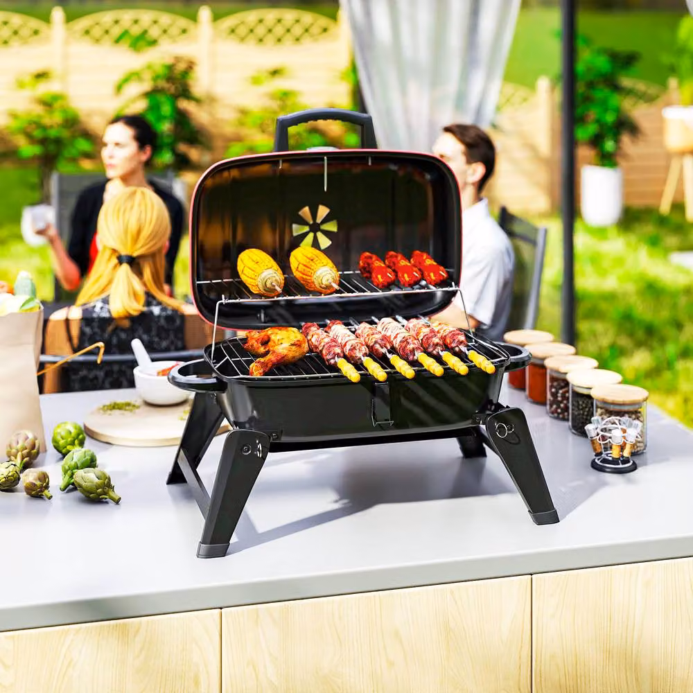 Rolipo Red Folding Charcoal Kettle BBQ Grill with Thermometer and Warming Rack – 11