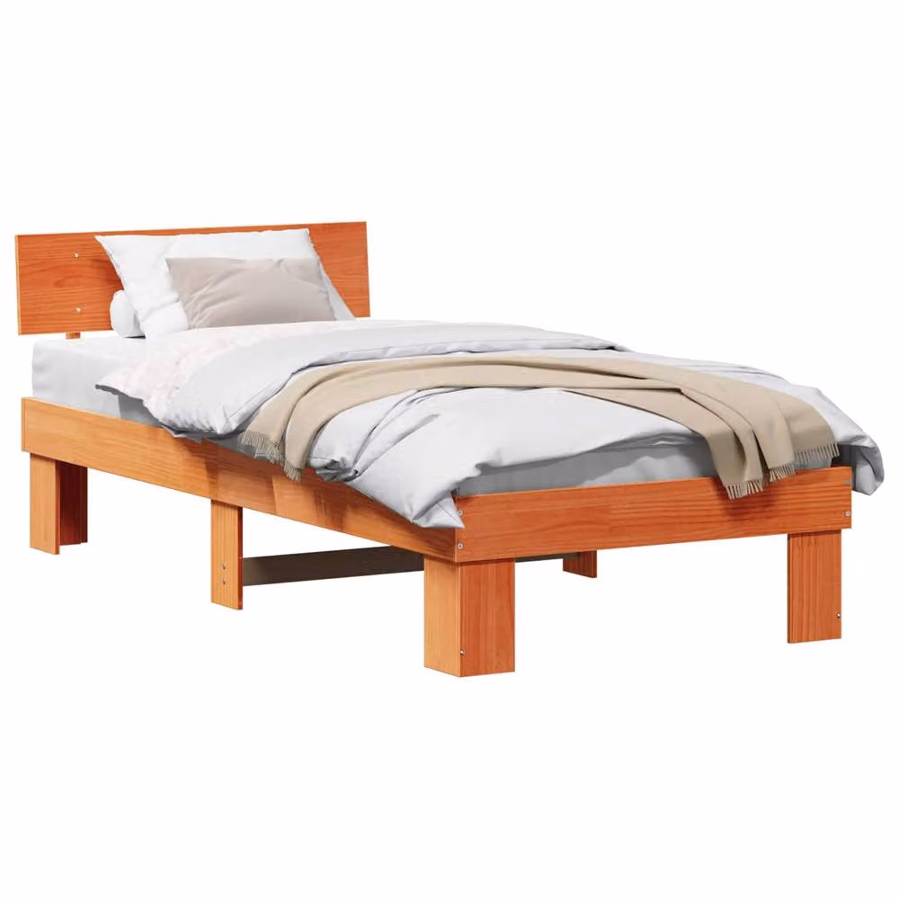Berkfield Home Solid Pine Wood Bed Frame with Headboard in Wax Brown, W/D/H: 90 x 190 x 73 cm – 2