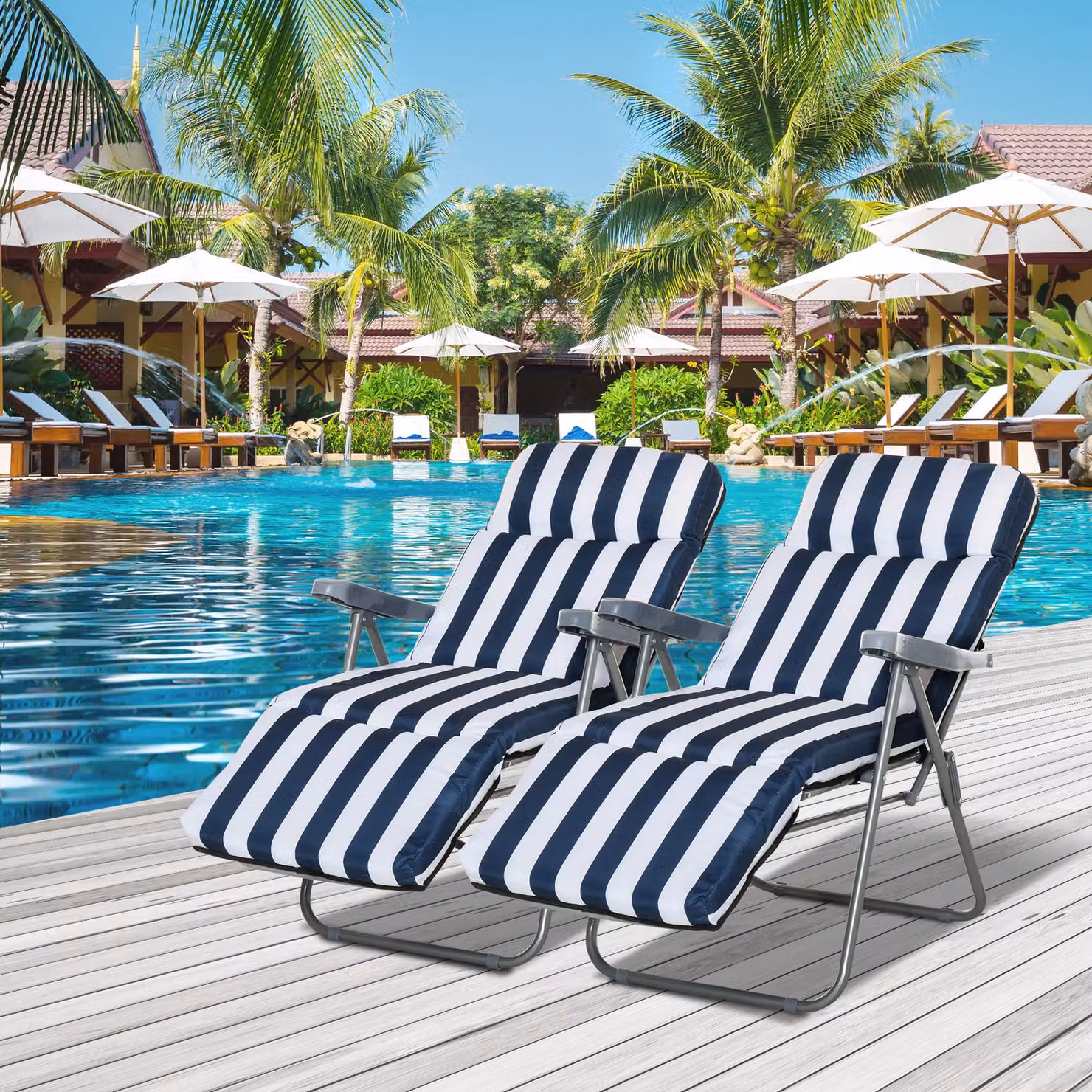 Outsunny Set of 2 Blue Striped Reclining Garden Chairs with Adjustable Headrests and Armrests – 4