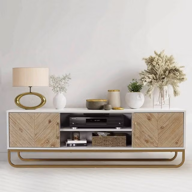 Livingandhome White and Gold Wooden TV Unit Stand with Shelves and Cabinets