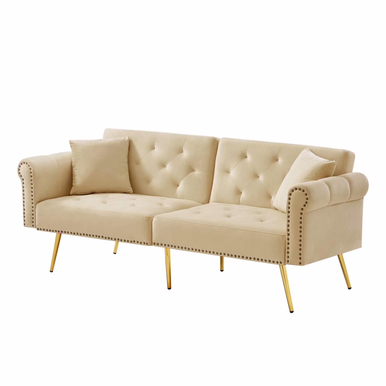 Aosom UK 2-Seater Modern Velvet Sofa Bed in Beige with Adjustable Headrests and Scatter Cushions, W/D/H: 177 x 74 x 71 cm – 2