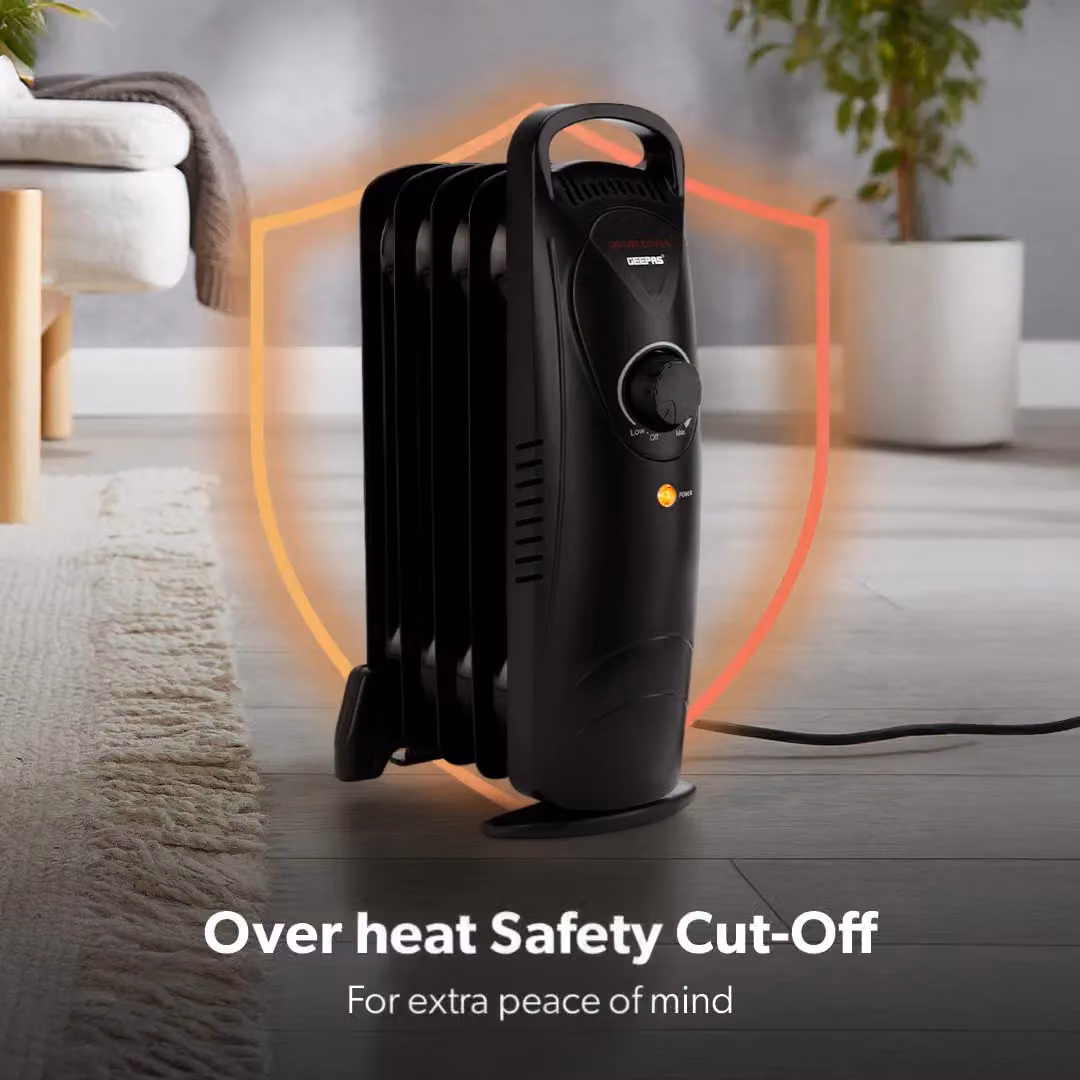 Geepas 5 Fin Oil Filled Radiator Heater 450W with Adjustable Thermostat in Black – 5