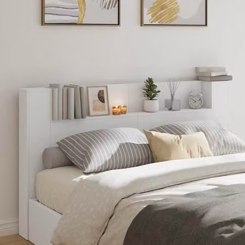vidaXL Modern White Engineered Wood Wall-Mounted Headboard Cabinet with Integrated LED Lighting and Bedside Shelves W/D/H: 180 x 22.79 x 103.5 cm – 3