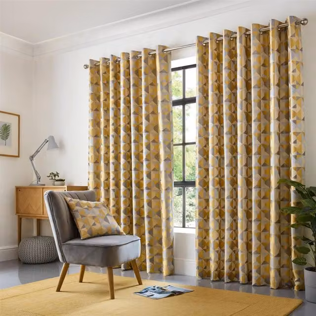 Livinluxury Scandi Eyelet Ring Top Curtains in Grey, Silver and Yellow, W: 183 cm, H: 167 cm