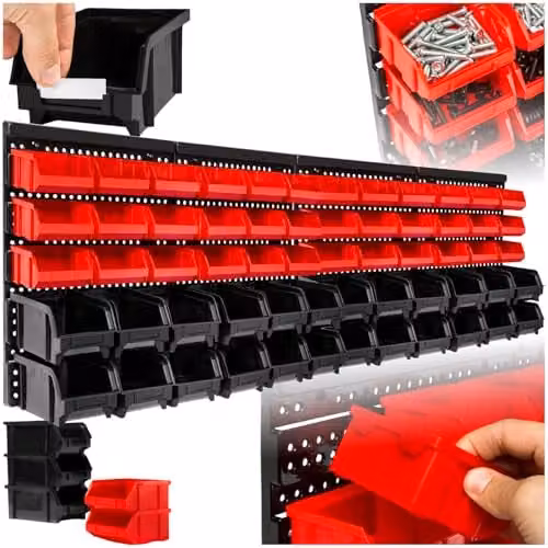 tectake 64 Piece Wall-Mounted Plastic Storage Organiser Set with 2 Pegboards and 62 Bins in Black and Red