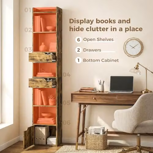 HOMCOM 5-Tier Bookcase with Drawers and Cabinet in Rustic Brown – 4