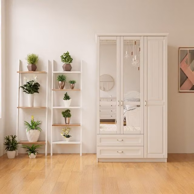 EVUHOME Charlotte White 3 Door 2 Drawer Mirrored Wardrobe H 184 x W 105 x D 52 cm