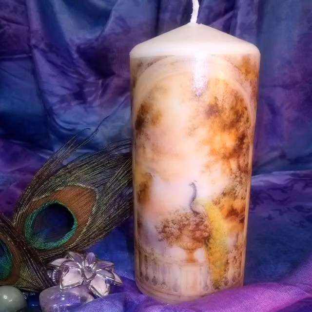 Viki White Peacock Pillar Candle