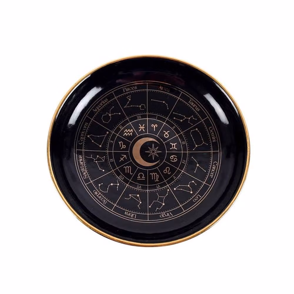 Uniqueful Black and Gold Astrology Wheel Ceramic Trinket Dish, Diameter: 15 cm – 3