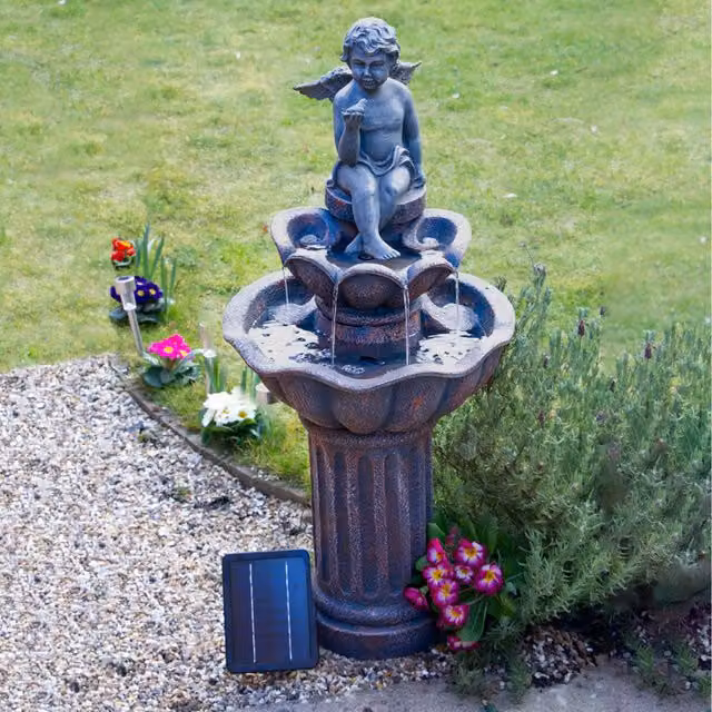 Minel Solar Powered Round Stone Bird Bath and Tabletop Water Fountain in Brown