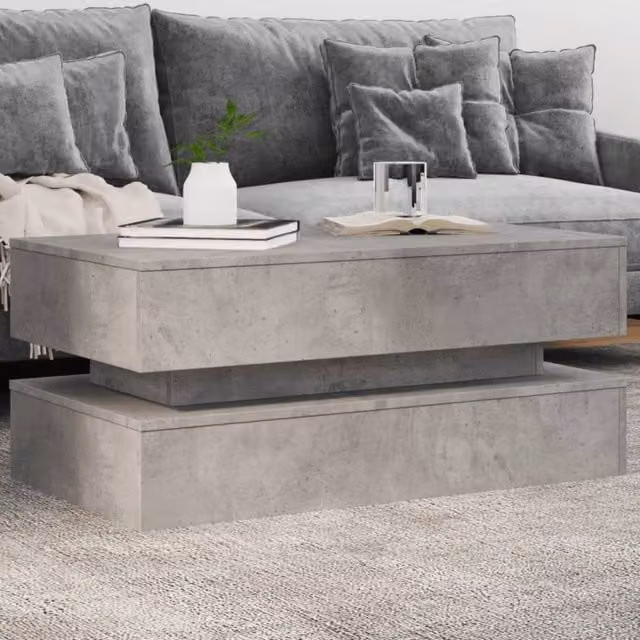 Berkfield Home Modern Rectangular Coffee Table with LED Lights in Concrete Grey, W/D/H: 90 x 50 x 40 cm