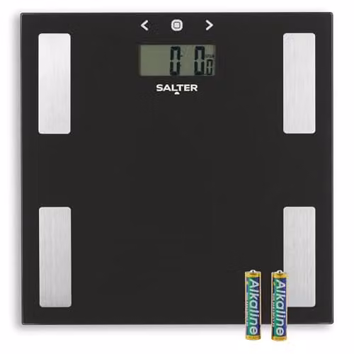 Salter 9150 BK3R Glass Analyser Bathroom Scale in Black with Digital Display for Measuring Body Weight, Fat, Water, BMI and BMR
