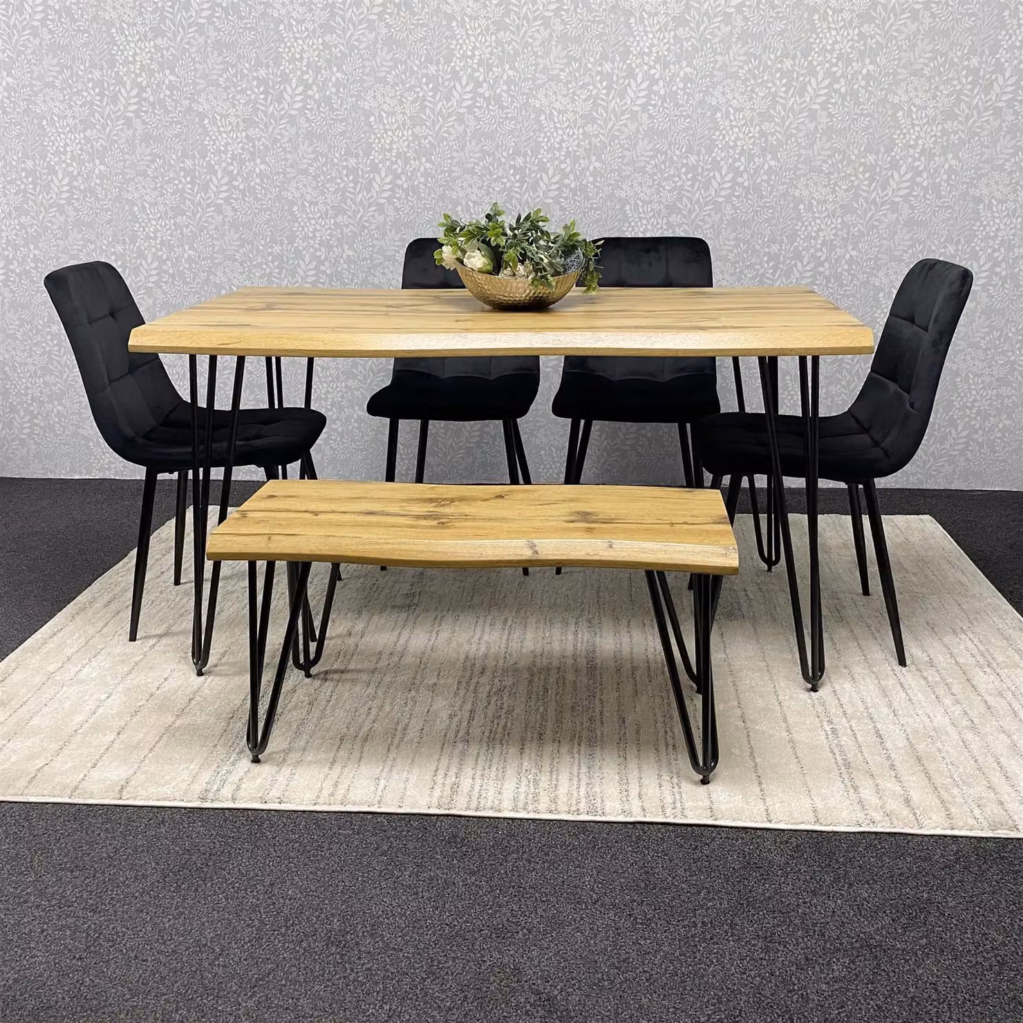KOSY KOALA Modern Dining Set with Brown Wood Live Edge Table, 4 Black Velvet Chairs and Bench – 3