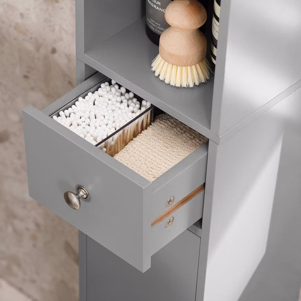 SoBuy Slim Tall Bathroom Cabinet in Light Grey, Modern MDF Storage Unit with Hinged Doors and Internal Shelves, Height: 180 cm – 5