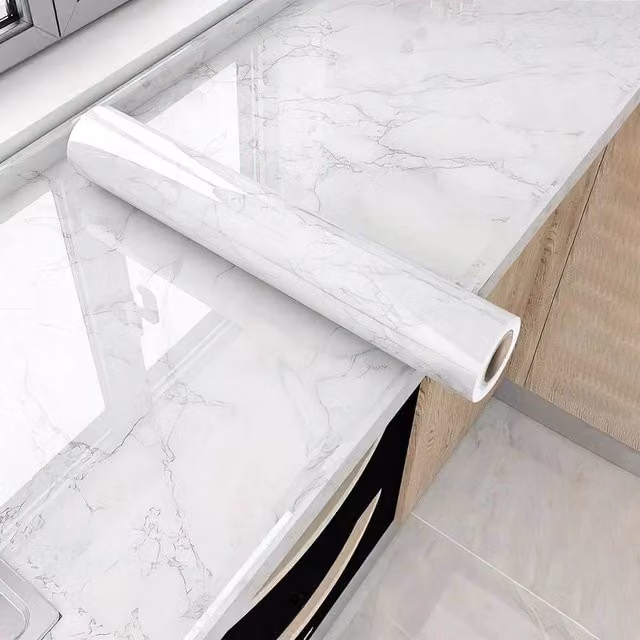 EONLION White Abstract Adhesive Kitchen Tile Stickers, 10m Roll, Width: 100 cm