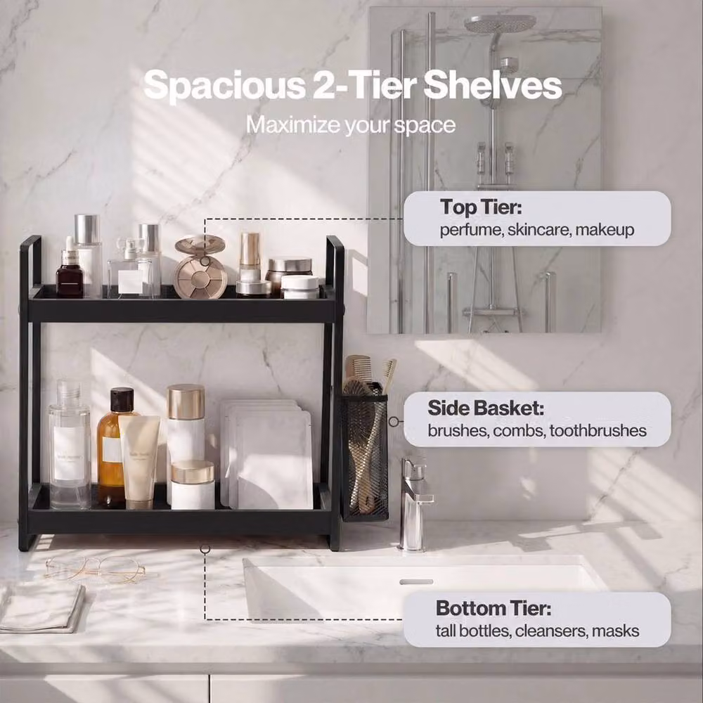 KORVIXA 2 Tier Black Bathroom Countertop Organiser with Pine Wood and Metal Shelving – 4