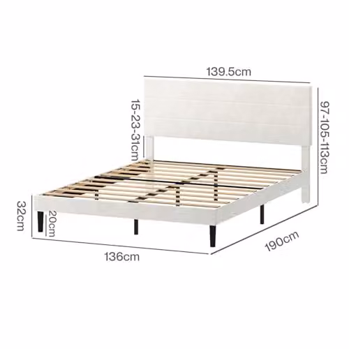 Levede Double Bed Frame with Adjustable Upholstered Velvet Headboard and Wooden Slats, Beige, W: 135 cm, D: 190 cm – 2
