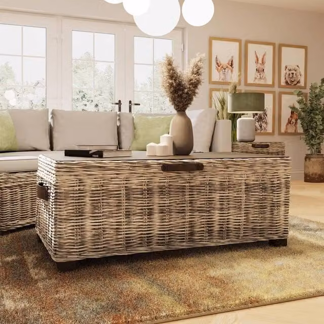 FWStyle Ready Assembled Lift Up Storage Coffee Table in Brown Kubu Rattan and Pine – 1