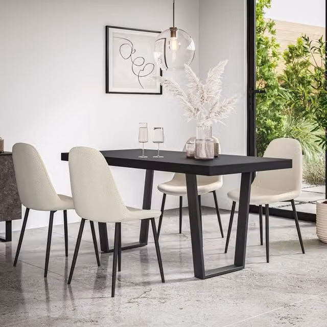More4Homes Aria Dining Table and 6 Maya Boucle Dining Chairs Set, Black Table with Ivory Chairs