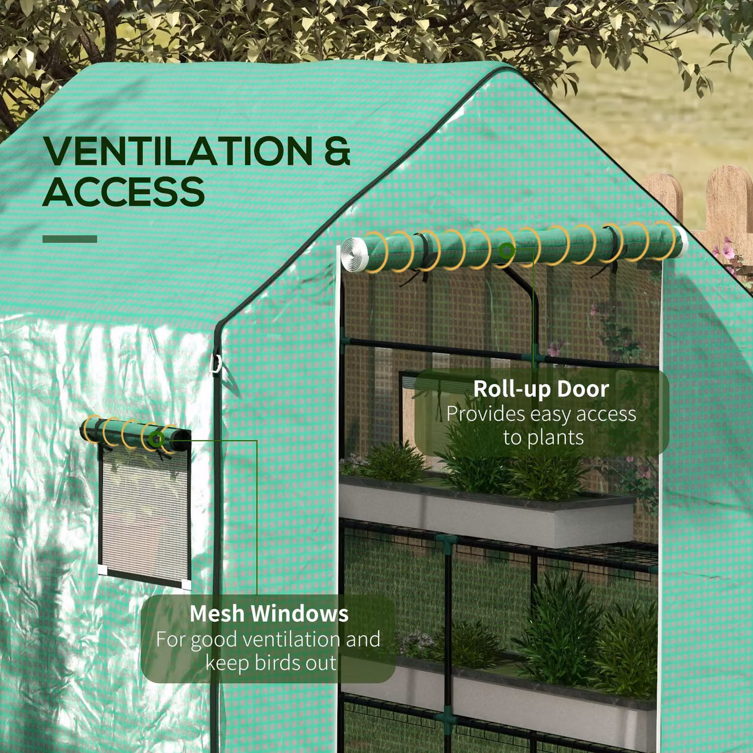 Outsunny Green PE Greenhouse Cover Replacement with Roll-up Door and Windows, W: 140 cm, D: 143 cm, H: 190 cm – 5