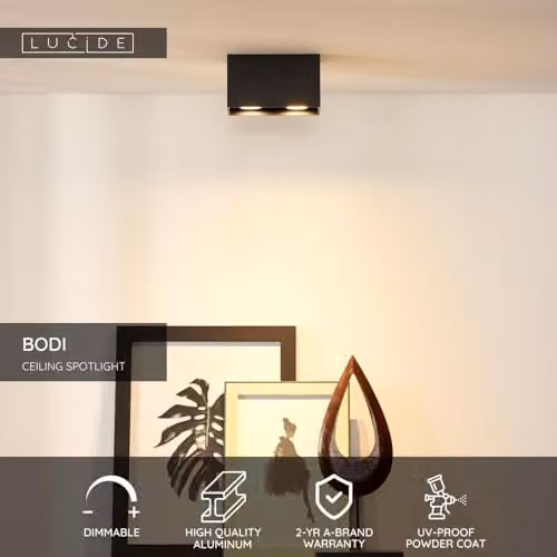 Lucide BODI Dimmable Surface Mounted Ceiling Spotlight in Black with GU10 LED Support – 2