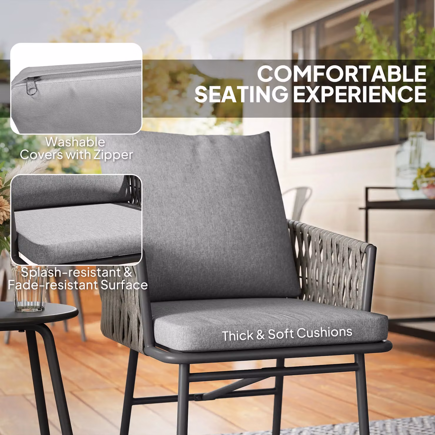 OUTSUNNY Grey Rattan Bistro Set with Table, 3 Chairs and Cushions for Garden or Balcony – 4