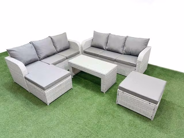 Fimous 8 Seater Grey Rattan Garden Furniture Set with High Back Lounge Sofa, Oblong Coffee Table and 2 Ottomans