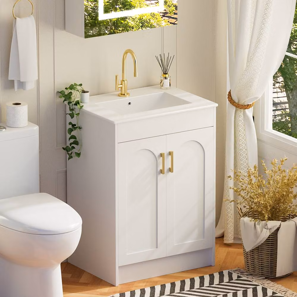 KEEPREAPER White Glossy Floor Standing Bathroom Vanity Unit with Basin and 2 Soft Close Doors, Width: 60 cm – 2
